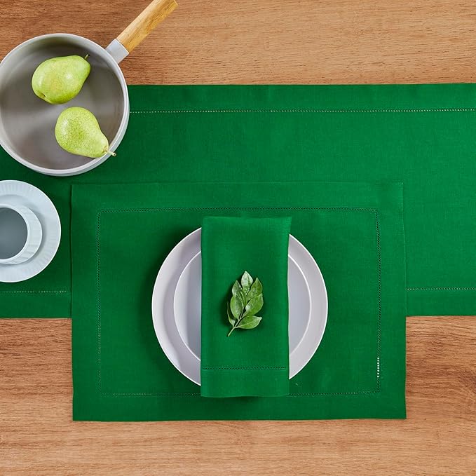 Solino Home Linen Garden Green Table Runner 108 Inches Long - 100% Pure Linen Hemstitch 14 x 108 Inch Table Runner for Dining, Christmas, Winter, New Year - Classic Hemstitch