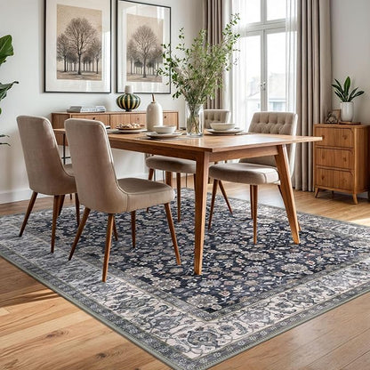 KUTA 5x7 Area Rugs, Vintage Washable Rugs for Living Room Grey Black Beige Ultra Thin Soft Non-Slip Printed Distressed Traditional Farmhouse Carpet for Bedroom Dining Room Dorm Office Home
