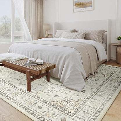 zesthome 5x7 Area Rugs, Machine Washable Rugs for Living Room, Bedroom,Stain Resistant Vintage Large Area Rug,Non-Slip Medallion Pattern Home Decor Rugs (Beige,5'x7')