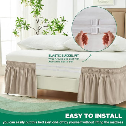 Biscaynebay Wrap Around Bed Skirts for King & Cal King Beds with Extra Long Drop of 25", Light Camel Adjustable Elastic Dust Ruffles Easy Fit Wrinkle Resistant Silky Luxurious Fabric Machine Washable