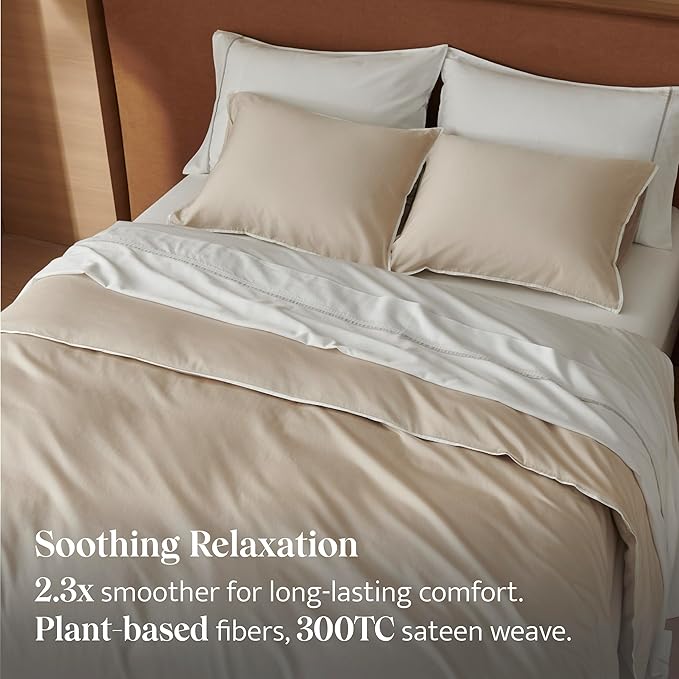 Double Stitch Cotton Tencel Duvet Cover - Queen Size Comforter Cover, Luxury & Soft Eucalyptus Lyocell Bedding Set for Hot Sleepers, Cooling & Breathable, Button Closure, Sandstone Contrast, 90"x90"