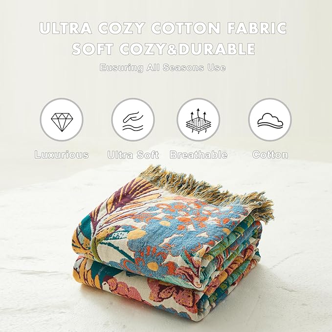 MSGKV Boho Throw Blanket for Bed Couch Twin Size Cotton Vine Blanket 60"x80" Couch Muslin Breathable Lightweight Farmhouse Blankets for All Seasons Home Decor