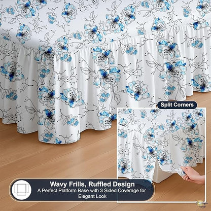 Cottington Lane Ruffled Bed Skirt Queen Size with Split Corner, Brushed Microfiber Hotel Quality Dust Ruffle, 14 Inch Drop Gathered Bedskirt, Soft, Stylish, Shrink & Fade Resistant, Blue Blossom