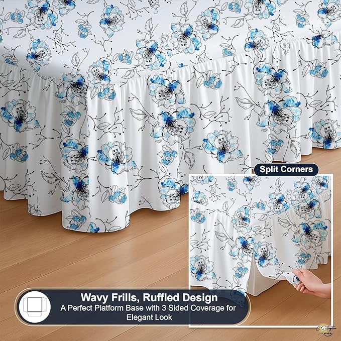Cottington Lane Ruffled Bed Skirt King Size with Split Corner, Brushed Microfiber Hotel Quality Dust Ruffle, 14 Inch Drop Gathered Bedskirt, Soft, Stylish, Shrink & Fade Resistant, Blue Blossom