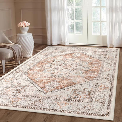 LIVEBOX 5x7 Area Rugs for Living Room, Washable Nursery Orange Boho Rug Soft Non-Slip, Low-Pile Vintage Medallion, Retro Faux Wool for Dining Room, Bedroom, Office