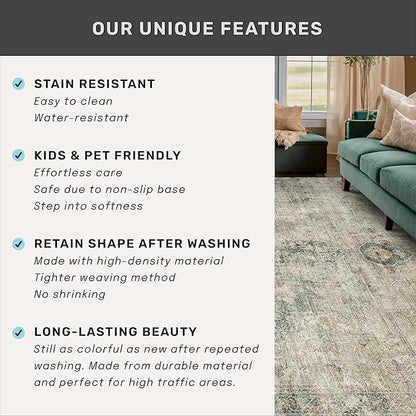 Tan and Moss Rugs for Dining Room - Neutral Abstract Faded Patterned Accent Rug 5x8 for Living Room, Home Office, Bedroom Foldable Soft Washable