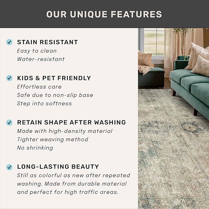 Neutral Abstract Area Rug for Living Room - 5x7 Washable Rug for Large Entryway, Mudroom, Home Office, Moss Cool Green Modern Contemporary & Non Skid Thin Décor