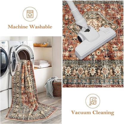 Lahome Oriental Area Rug, 3x5 Washable Rugs for Living Room Non Slip Entry Mat, Vintage Soft Pet Friendly Throw Carpet for Entryway Bedroom Dinning Room, Brick Red