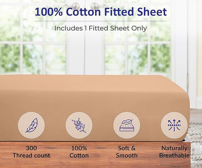 ROYALE LINENS 300 Thread Count 100% Long Staple Combed Cotton Fitted Sheet Twin - Super Soft Deep Pocket Bottom Sheet - Fitted Sheets Only - Elastic Sheets (Twin, Sand)