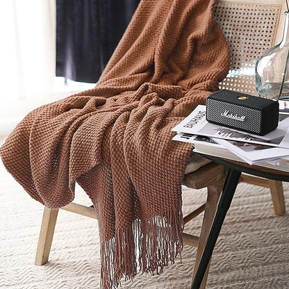 LOMAO Knitted Throw Blanket with Tassels Bubble Textured Lightweight Throws for Couch Cover Home Decor (Caramel, 60x80)