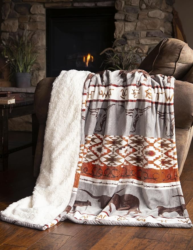 CARSTENS, INC. Ultra Premium Super Soft Plush Sherpa Fleece Oversized Throw Blanket 54" x 68", Longhorn