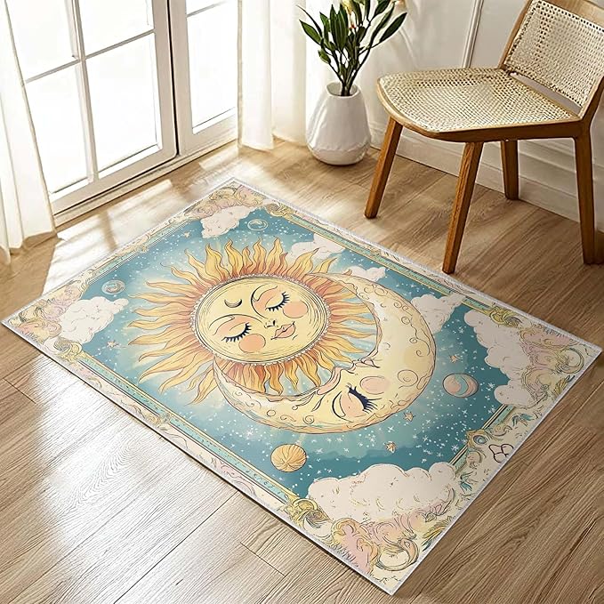 2x3 Sun and Moon Entryway Area Rug Blue Yellow Hippie Celestial Bathroom Rug Non-Slip Machine Washable Low Pile Small Carpet Kitchen Bedroom Door Mat Entrance