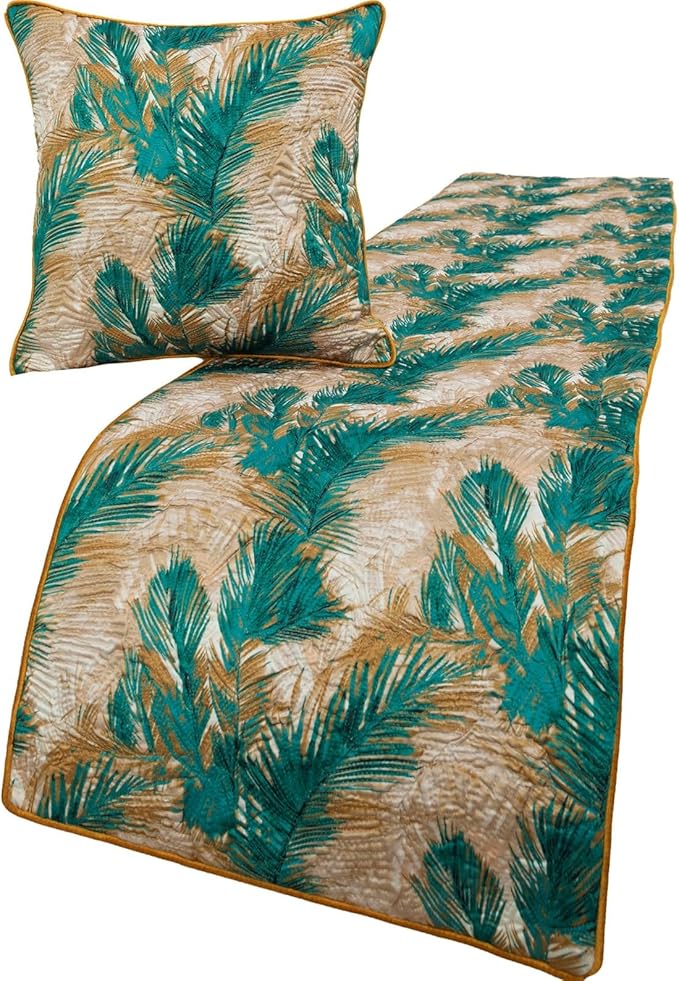 The HomeCentric King/Queen/Twin Green Decorative Queen 74"x18" Bed Runner with Pillow Cover, Plam Leaves & Quilted Bed Scarf on Satin Fabric - Palms