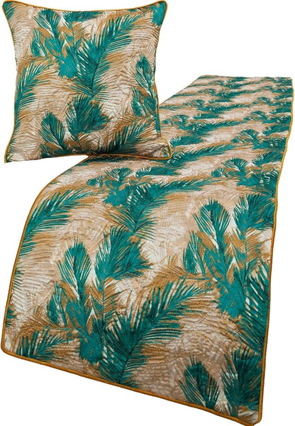 The HomeCentric King/Queen/Twin Green Decorative King 90"x18" Bed Runner with 2 Pillow Cover, Plam Leaves & Quilted Bed Scarf on Satin Fabric - Palms