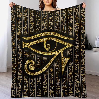 Ancient Egyptian Blanket, Egyptian Eye of Horus Ancient Culture Golden Egyptian Hieroglyphs Alphabet Print Blankets for Couch Sofa Bed Boys Mens, 50"x60"