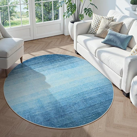 Wonnitar Modern Ombre Washable Round Rugs 5ft, Blue Round Living Room Rug, Soft Circle Bedroom Area Rug, Non-Slip Contemporary Low Pile Large Throw Carpet for Nursery Dining Room (Blue, Round 5ft)