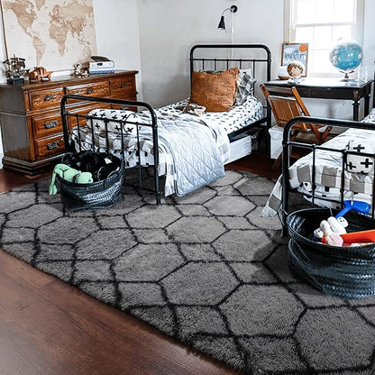 ONASAR 6x9 Area Rugs for Living Room Bedroom, Washable Large Fluffy Grey and Black Throw Rug, Geometric Soft Plush Shaggy Fuzzy Floor Carpet for Nursery Kids Girls Boys Teen Dorm Home Office Decor