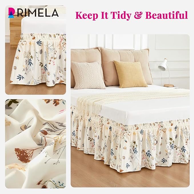 RIMELA Cream Balloon Bed Skirt Queen Size 15 Inch Drop, Elastic Bed Skirting for Bed Frame, Bedding Dust Ruffle Easy to Install, Lightweight Wrap Around Adjustable Bedskirt,Bedroom Decor