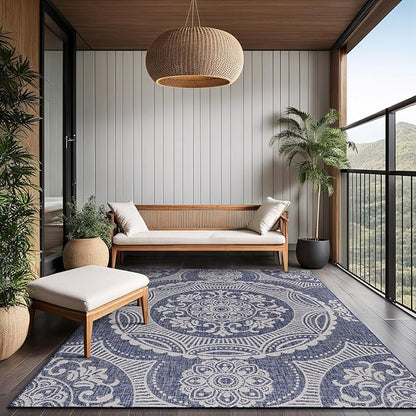 Medallion Outdoor Rug 5x7 Washable Outside Carpet for Indoor Patio Porch Waterproof Easy Cleaning Non Shedding Area Rugs Blue 5 x 7