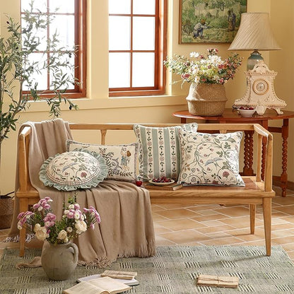 Round Throw Pillow Cover,Green Cozy Velvet Farmhouse with Birds and Floral Pattern Pillowcases,Decoration Pillows Cushion Covers for Couch Sofa Bed Car Chair,Diameter 16"