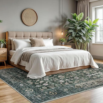 KUTA Vintage 8x10 Area Rugs for Living Room, Washable Large Rug for Bedroom 8ft x 10ft Non-Slip, Dark Green Ultra Thin Soft Printed Traditional Floral Medallion Distressed Dining Room Low-Pile Carpet