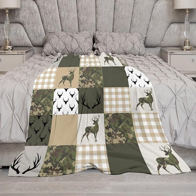Camouflage Deer Blanket, Vintage Camo Green Beige Plaid Rustic Cabin Wildlife Hunting Blankets for Mens Room Bed Sofa, 40"x50"