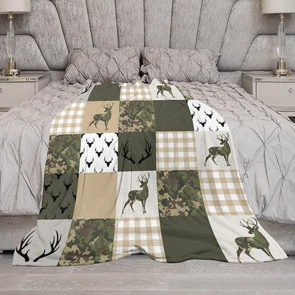 Camouflage Deer Blanket, Vintage Camo Green Beige Plaid Rustic Cabin Wildlife Hunting Blankets for Mens Room Bed Sofa, 40"x50"