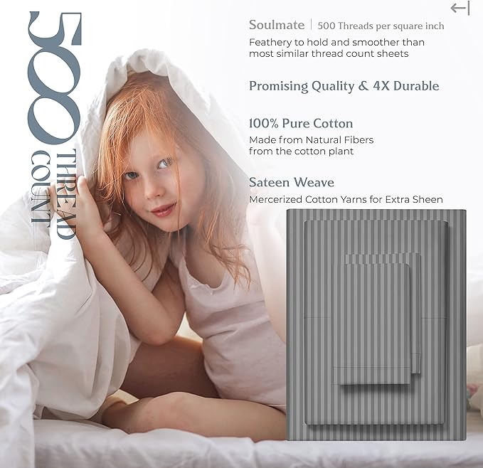 Mayfair Linen 100% Cotton Striped Sheets King Size Bed Set - 500 Thread Count Damask Sheets King Size 4 PC Set (Dark Grey Stripe), Soft, Cooling, Sateen Weave Hotel-Quality 16" Deep Pocket Bedsheet