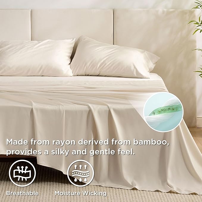 Bedsure Queen Sheet Set, Rayon Derived from Bamboo, Cooling Sheets, Breathable & Soft, Deep Pocket Up to 16", Hotel Luxury Silky Bedding for Hot Sleepers, Light Beige