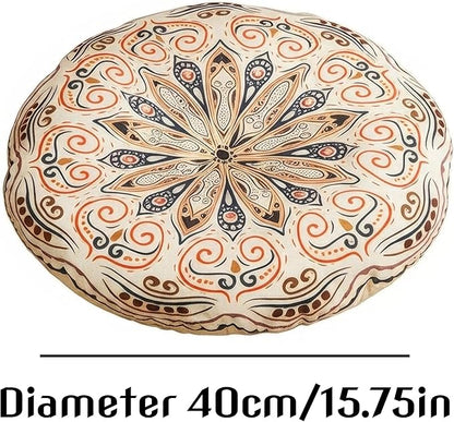 Mandala Round Floor Pillow - 16x16 inch Reversible Cotton Linen Meditation Cushion for Yoga, Balcony & Patio Decor (Floral Bloom)