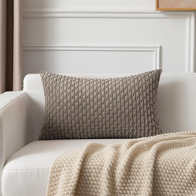 Kevin Textile 12x20 Inch Pillow Cover 1 Pack Boho Decorative Soft Striped Corduroy Lumbar Farmhouse Color Accent Rectangle Cushion Case for Living Room Couch Sofa Bed, Light Brown