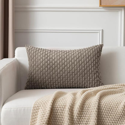 Kevin Textile 12x20 Inch Pillow Cover 1 Pack Boho Decorative Soft Striped Corduroy Lumbar Farmhouse Color Accent Rectangle Cushion Case for Living Room Couch Sofa Bed, Light Brown