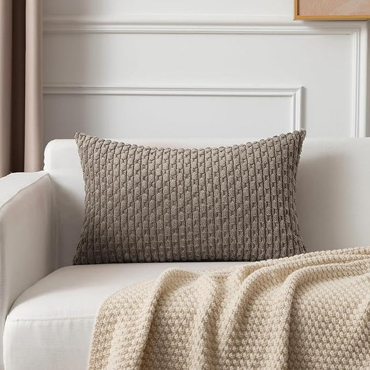 Kevin Textile 12x24 Inch Pillow Cover 1 Pack Boho Decorative Soft Striped Corduroy Lumbar Farmhouse Color Accent Rectangle Cushion Case for Living Room Couch Sofa Bed, Light Brown
