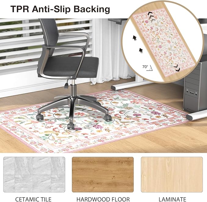40"x50" Pink Floral Office Chair Rug, Easy to Clean Computer Chair Rug, Under Desk Rugs for Home Office, Desk Rugs for Rolling Chairs, Floor Mat for Hardwood Floors, Desks Carpet for Tile Floor