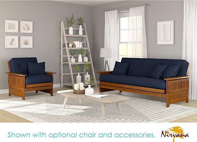Nirvana Futons Brentwood Tray Arm Futon Sofabed Set - Queen Frame, 8" Navy Blue Mattress, Rich Heritage Finish