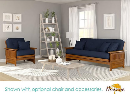 Nirvana Futons Brentwood Tray Arm Futon Sofabed Set - Queen Frame, 8" Navy Blue Mattress, Rich Heritage Finish