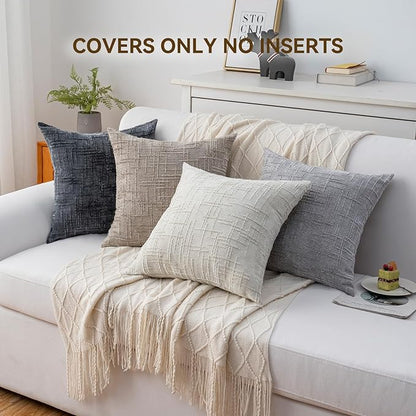 Decorative Throw Pillow Covers 18x18 Inch Set of 4, Soft Solid Farmhouse Chenille Couch Pillows, Spring Pillow Covers for Couch Sofa Bed Living Room Home Decor Pillowcase, Light Colors
