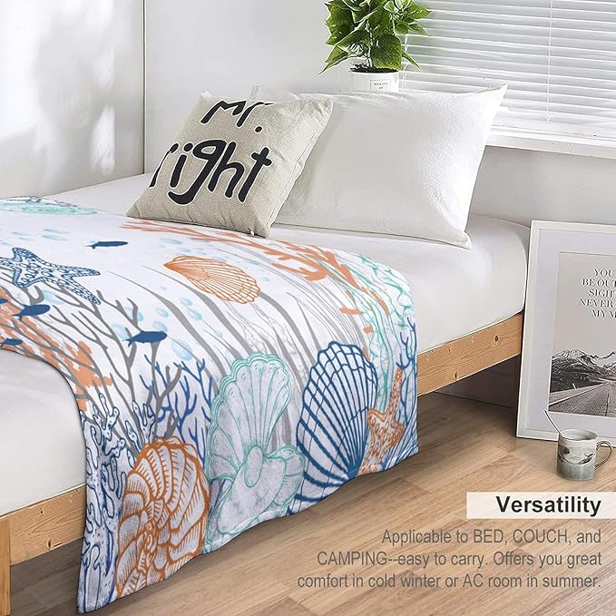 Nautical Coastal Blanket, Starfish Seashell Coral Beach Themed Drapes Ocean Orange Blue Teal Conch Print Throw Blankets for Sofa Couch Bed Room Birthday Decor, 50"x60"