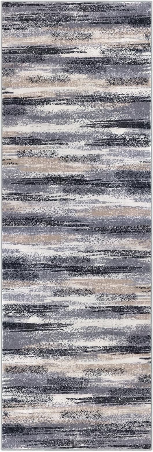 Modern Abstract Runner Rug 2.6x8, Grey Black Multi Washable Kitchen Runner Non-Slip Soft Hallway Rug Runner Thin Print Faux Wool Carpet for Entryway Bedroom Laundry Room Indoor Home Decor