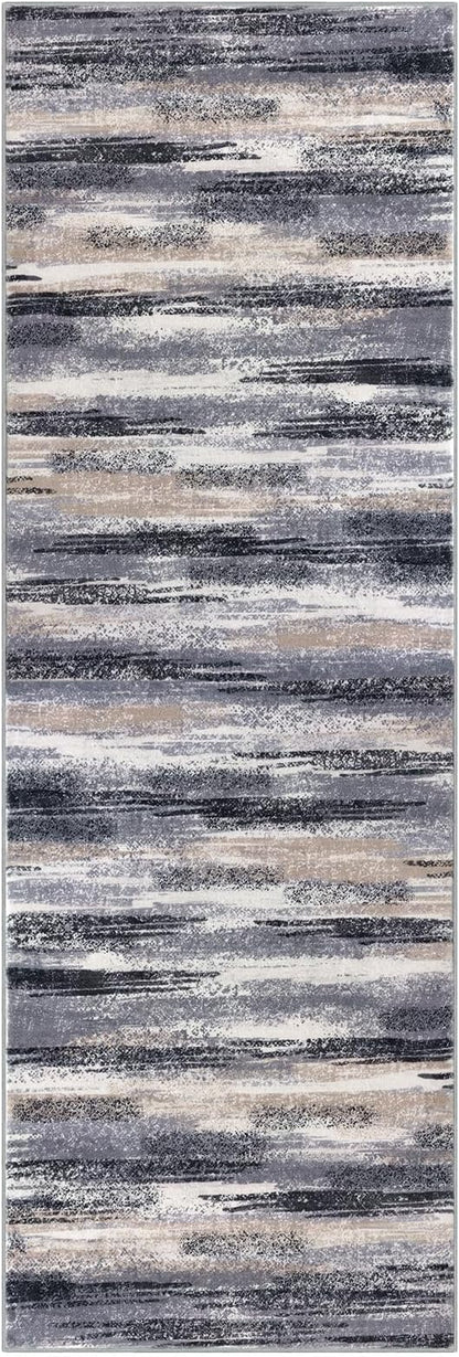 Modern Abstract Runner Rug 2.6x18, Grey Black Multi Washable Long Kitchen Runner Non-Slip Soft Hallway Rug Runner Thin Print Faux Wool Carpet for Entryway Bedroom Laundry Room Indoor Home Decor