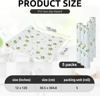 RAY STAR 12X120 Inch Shelf Liner for Kitchen Cabinets, Non-Adhesive Cabinet Liner Washable, PVC Drawer Liner for Dresser Non-Slip Bathroom (Green-Floral)(5 Roll)