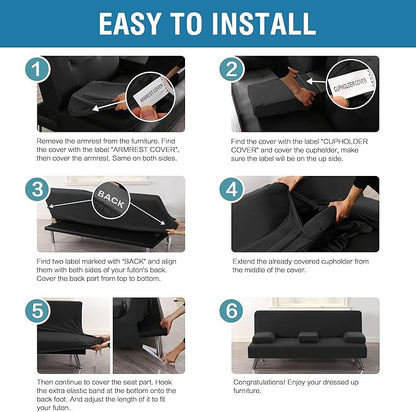 H.VERSAILTEX 4 Pieces Stretch Futon Covers Sofa Bed Slipcover with Removable Armrests and Cupholders Covers Furniture Protector High Spandex Small Checks Jacquard Fabric, Black