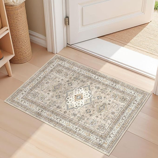 Vintage Living Room Area Rug 2x3 - Large Soft Washable Oriental Traditional Distressed Farmhouse Rugs for Bedroom - Indoor Floor Accent Carpet for Home Office House Decor - Beige