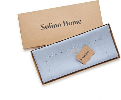 Solino Home Linen Sky Blue Table Runner 60 Inches - Classic Hemstitch, 100% Pure Linen Coffee Table Runner 14 x 60 Inch Ideal for Dresser Tables - Holiday, Christmas, New Year