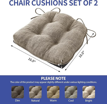 Chair Cushions for Dining Chairs Set of 2, Kitchen Chair Cushions, Chair Pads with Ties and Non Slip Backing, Tufted Memory Foam Seat Cushion 2 Pack, 15.5" x 15.5" x 4", Khaki