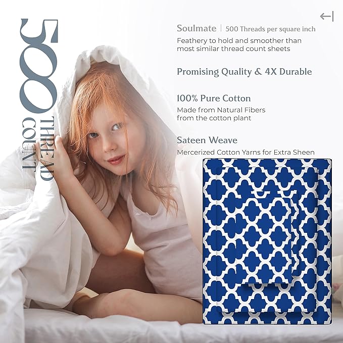 Mayfair Linen 100% Cotton Printed Bed Sheets Queen Size Set - 500 Thread Count Cotton Sheets for Queen Size Bed, 4 PC Set (Quatrefoil - Navy), Soft, Cooling, Sateen Weave 16" Deep Pocket Bedsheet