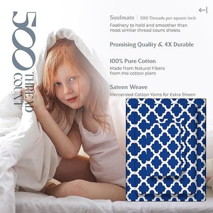 Mayfair Linen 100% Cotton Printed Bed Sheets King Size Set - 500 Thread Count Cotton Sheets for King Size Bed, 4 PC Set (Quatrefoil - Navy), Soft, Cooling, Sateen Weave 16" Deep Pocket Bedsheet