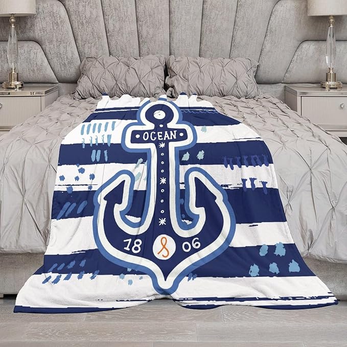 Nautical Anchor Blanket Modern Cartoon Anchor Ocean Adventure Blue White Soft Cozy Lightweight Throw Blanket for Kids Boys Men Bedroom Living Room Dorm Chair Sofa Travel 60x80in