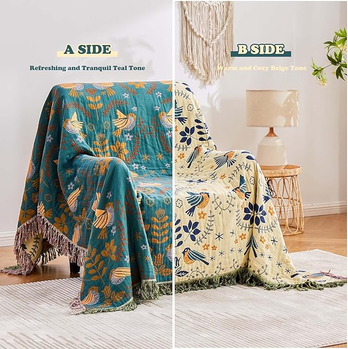 Yellow Boho Throw Blanket, 100% Cotton Blankets for Couch Bed, 50"x60"Cotton Quilt Travel Muslin Blankets Farmhouse Home Decor Soft Lightweight Picnic Blanket for Summer