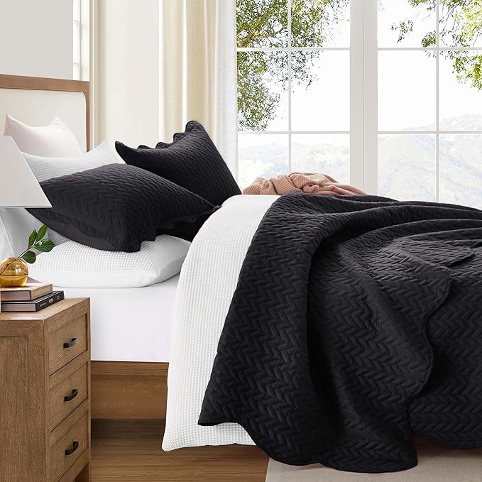 IR Imperial Rooms California King Quilt Bedding Set Size (118"x106") + 2 Pillow Shams (20" x 36"+ 2") - 3 Pcs All Season Reversible Microfiber Coverlet Embossed Quilt Bedspread (Black)